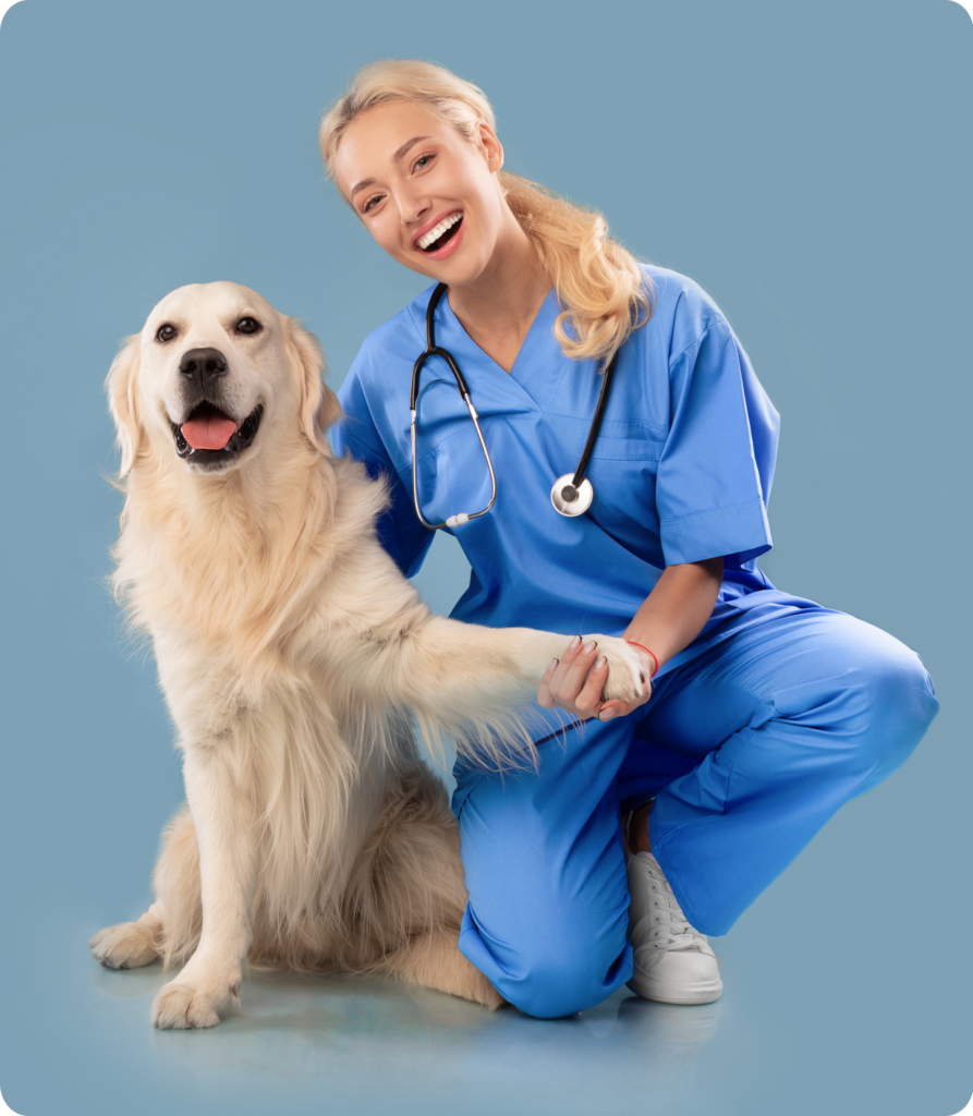 Nurse In Scrubs Uniform And Stethoscope Posing With Dog